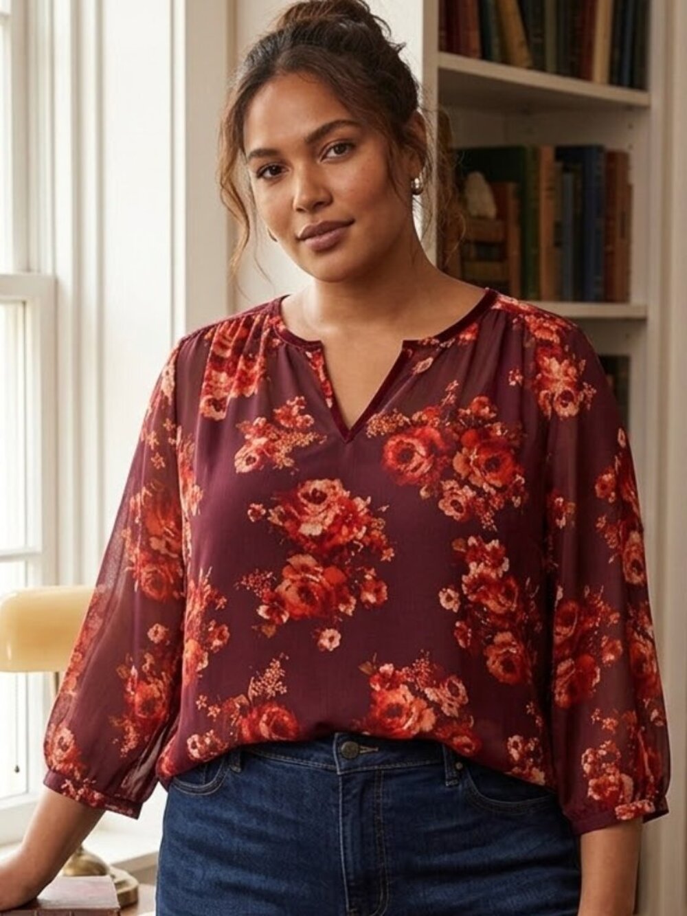 Kut From The Kloth Size XXL Sheer Floral Blouse Red Balloon Sleeve Peasant Top
